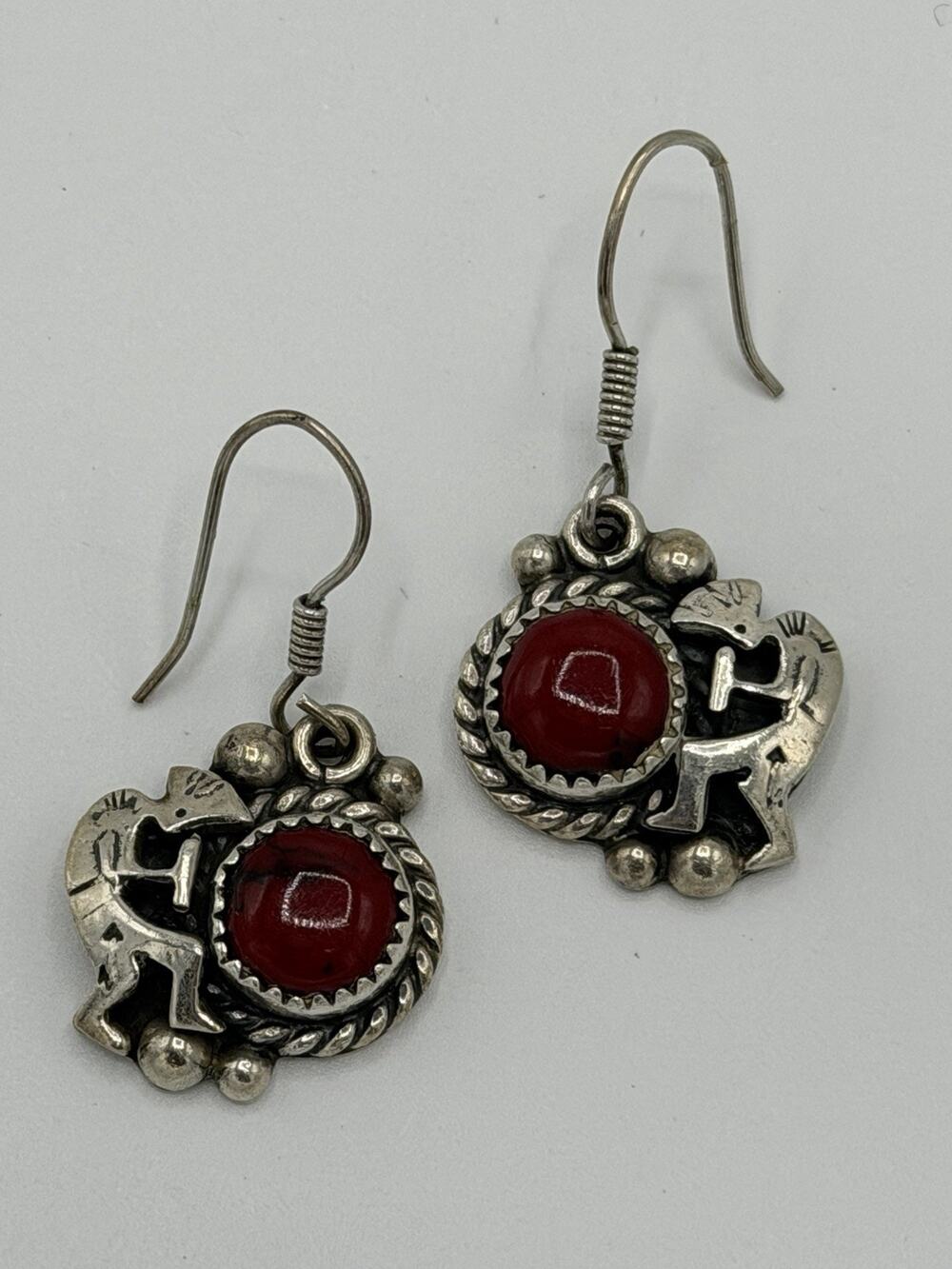 Native American CARNELIAN 925 STERLING KOKOPELLI EARRINGS SIGNED Ragelio Arte